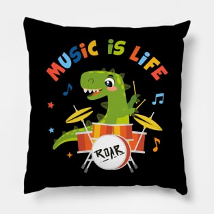 Music is life T-rex dinosaur playing drums Pillow