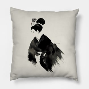 Ink Brush Painting of a Geisha Pillow