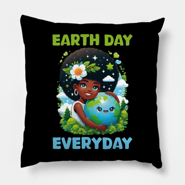 Earth Day Everyday Cute Afro Hair Girl Earth Day 2024 Funny Pillow by JUST PINK