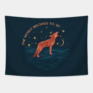 Coyote Howling At Night Linocut Style Tapestry