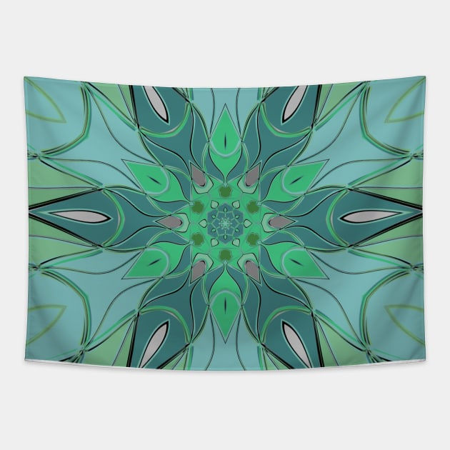 Cartoon Mandala Flower Blue and Green Tapestry by WormholeOrbital