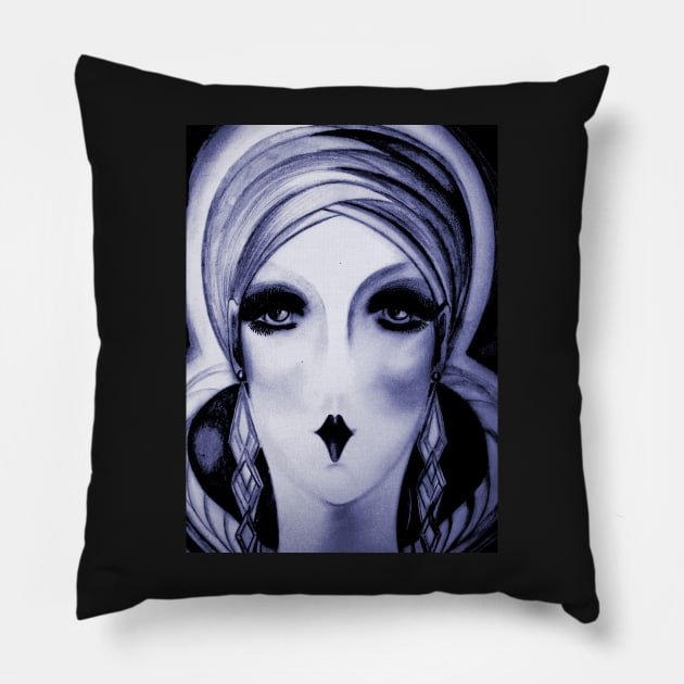 ART DECO FLAPPER IN TURBAN BLUE Pillow by jacquline8689