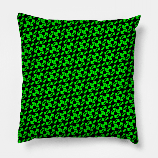 Pattern hexagonal green on black background Pillow by la chataigne qui vole ⭐⭐⭐⭐⭐