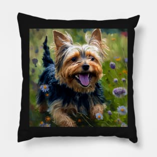 Wildflowers and Yorkshire Terrier Impressionist Art Print Pillow