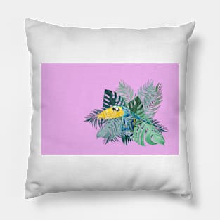 Tropical Marbled Paper Parrot with Jungle Leaves-Pink Pillow