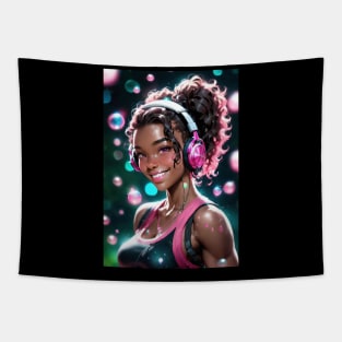 Hot, Sweet Anime Girl of Color with Headphones Tapestry