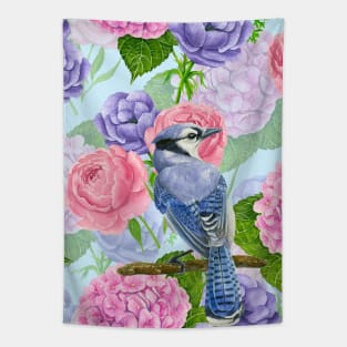 Blue jay and flowers watercolor pattern Tapestry