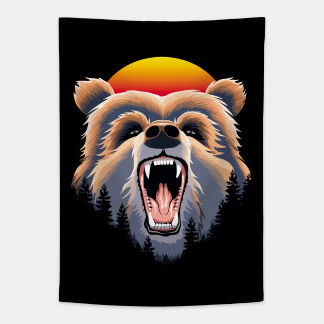 Roaring Grizzly Bear Face Tapestry by TMBTM