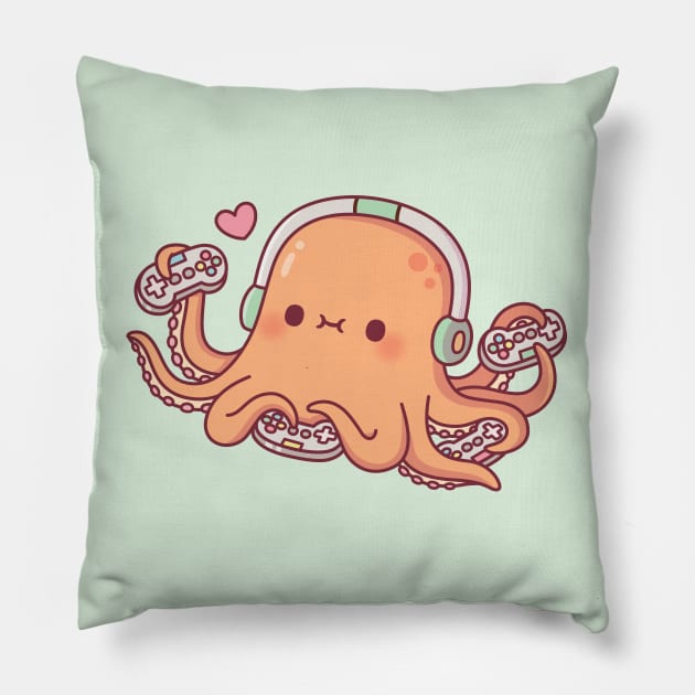 Cute Octopus Gamer With Four Video Game Controllers Pillow by rustydoodle