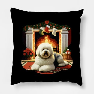 old english sheepdogs Christmas fireplace Pillow