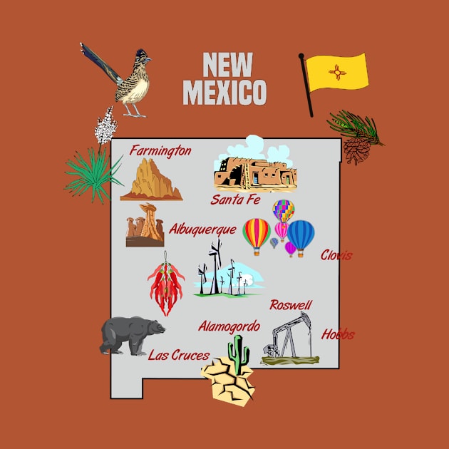New Mexico state map with major cities, landmarks, Tourist Destinations, US by Mashmosh
