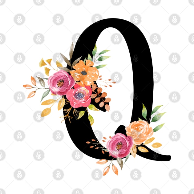 Letter Q With Watercolor Floral Wreath by NatureGlow