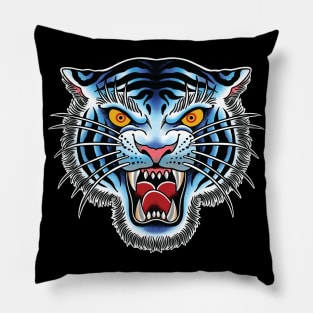 White Tiger Head Traditional Tattoo art illustration Pillow