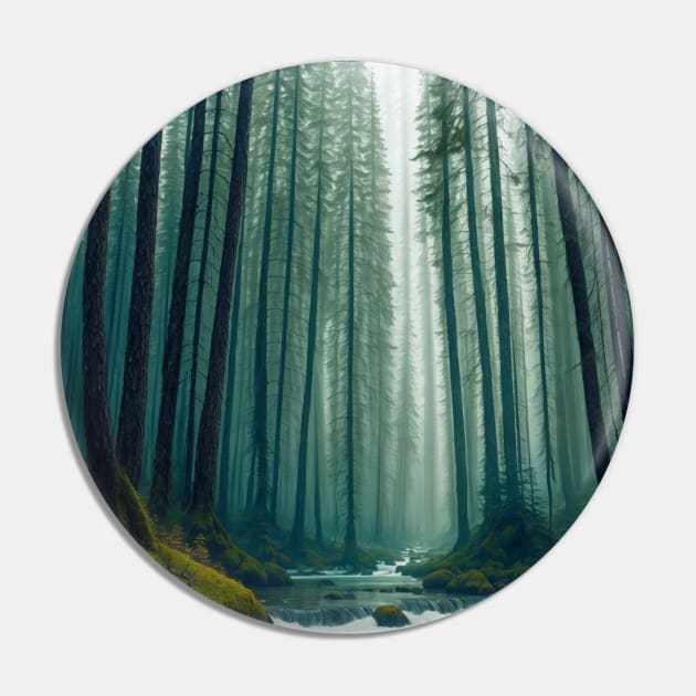 Misty Pine Forest River Rapids Pin by CursedContent