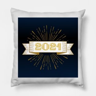 2021 happy new year holiday retro vintage theme blue gold yellow brown pattern Pillow