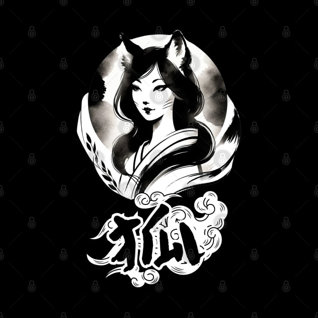 Mystical Kitsune Spirit Ink Art by Yokai Realm