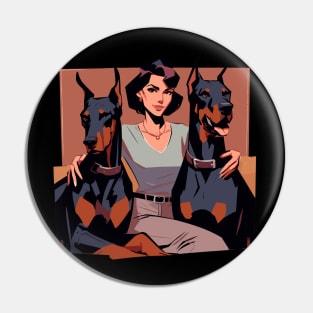 Retro woman with two doberman dogs Pin