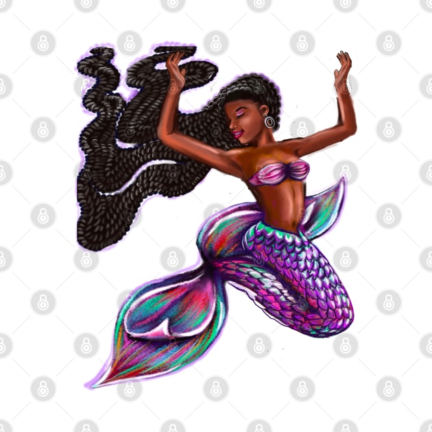 mermaid with flowing braids 2, brown eyes curly Afro hair and caramel brown skin. Black mermaid by Artonmytee