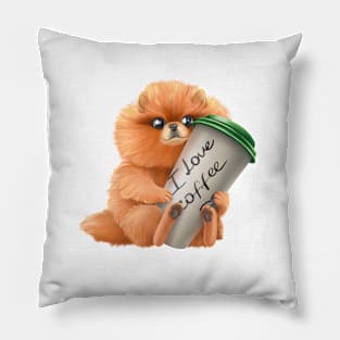 Cute dog of breed Spitz with a cup of coffee. Pillow