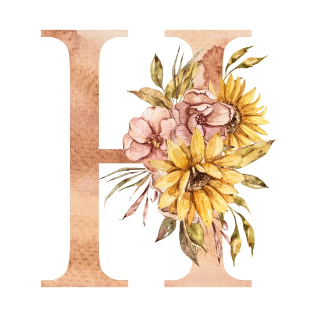 Watercolor sunflower bouquet monogram letter H by tiana geo