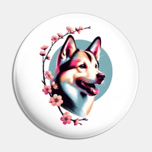 Norwegian Lundehund and Spring Cherry Blossoms Portrait Pin