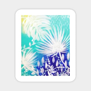 White tropical leaves on blue Magnet