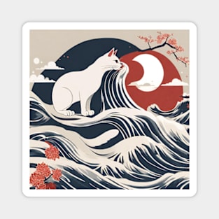 cat and moon japanese art syle Magnet