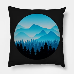 Vintage Blue Mountain and Forest Scene Silhouette Pillow