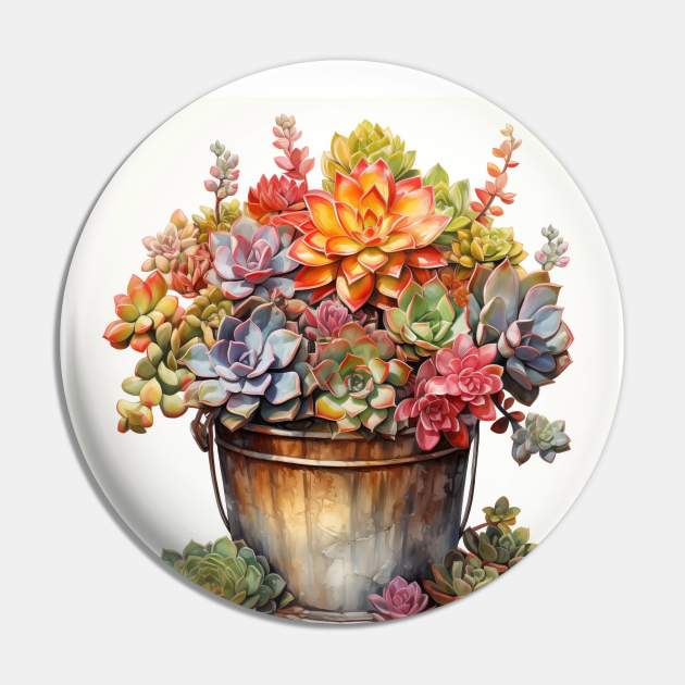 Succulent Bucket Watercolour Artwork Pin by Vibrant Vista