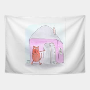 Cat points to the house. Real estate, rent, housewarming. Watercolor illustration humorous. Humor, fun design modern Tapestry