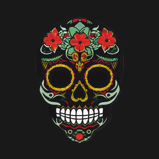 Sugar Skull Art - Black Skull Adorned with Bold Red Flowers by ImaginativeInkPOD