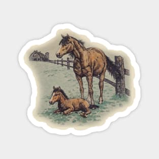 Retro Mom and Baby Foal Horse 70s Style Scene Magnet