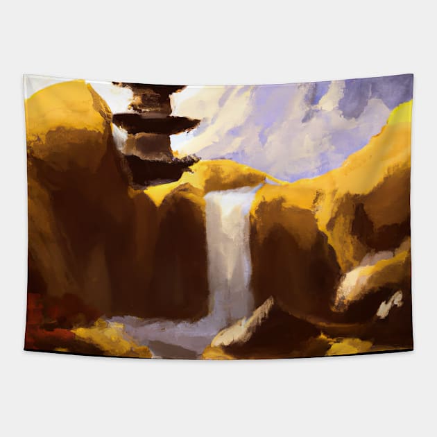 Japan Tower Waterfall Painting Tapestry by maxcode