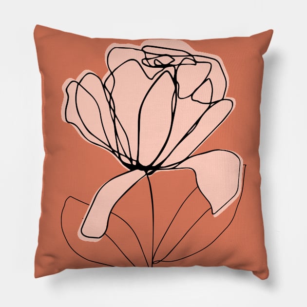 One Line Art Flower In Brown Terracotta Pillow by ArunikaPrints