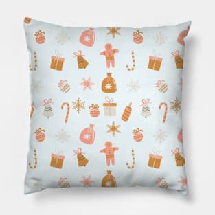 Cute Winter Christmas Pattern Gingerbread man, Candy Canes, Bells, Snowflakes, Candles Pillow