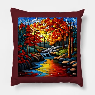 Stained Glass River Running Amid Autumn Foliage Pillow