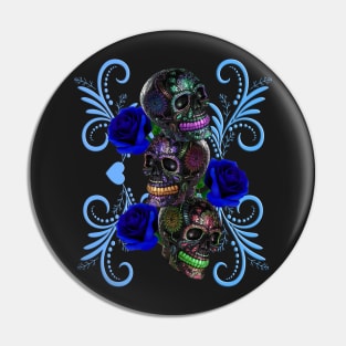 Triple Black Day Of The Dead Skulls Blue Roses Pin