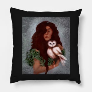 Young Dark Hair Fairy Witch in Belladonna Dress Holding Barn Owl With Gold Tulip Leash Pillow