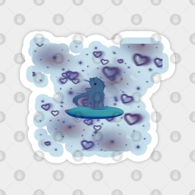 Cute blue color unicorn with purple hearts in blue donut Magnet by Khala