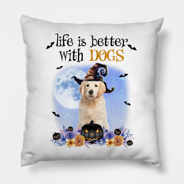 Golden Retriever Witch Hat Life Is Better With Dogs Halloween Pillow by cyberpunk art