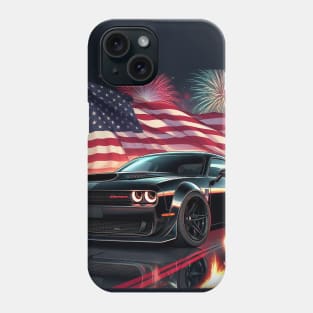 Dodge Challenger Hellcat and The American Flag by Gas Autos Phone Case