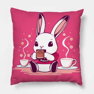 Cute bunny sipping tea - pink Pillow