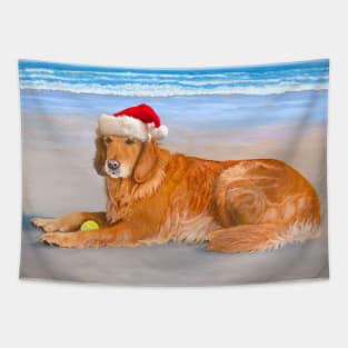 Golden Retriever with Santa Hat at Beach Tapestry