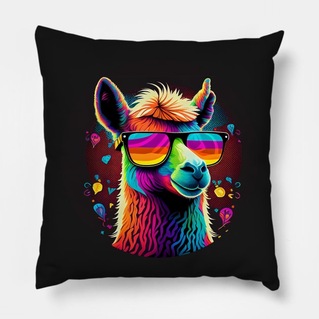 Groovy Llama Rocking Colorful Glasses Pillow by ceemyvision