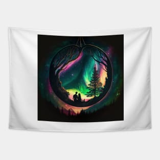 Couple in Heart shaped tree watching the northern lights. Tapestry