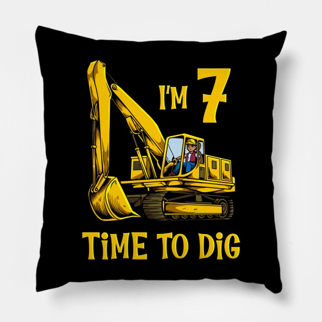 I'm 7 - time to dig - excavator 7 year old birthday Pillow by Modern Medieval Design