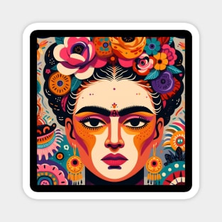 Latina maximalist art, frida kahlo lookalike woman and flowers, folk naïve portrait Magnet