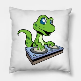 Cartoon Gecko DJ at Turntable Pillow