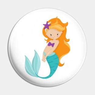 Cute Mermaid, Little Mermaid, Orange Hair, Star Pin