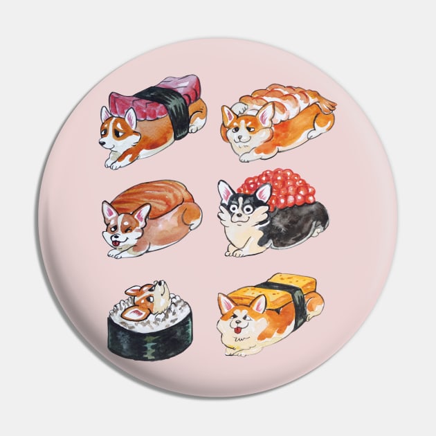 Sushi Corgi Watercolor Pin by huebucket